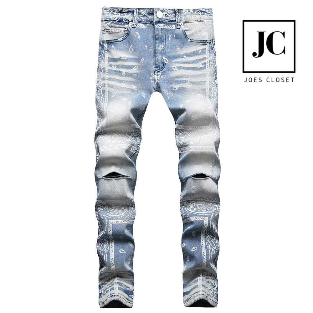 Grunde Forbindelse Museum Men's Light Blue Paisley Print Denim Jeans – JoesCloset