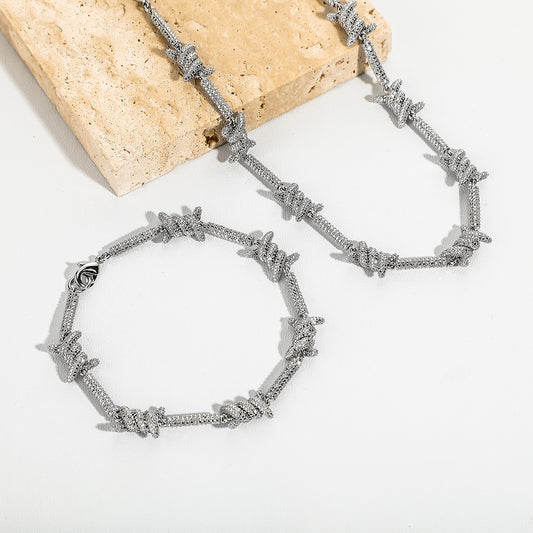Unisex 10mm Staggered Iced Out Barbed Wire Necklace & Bracelet Set