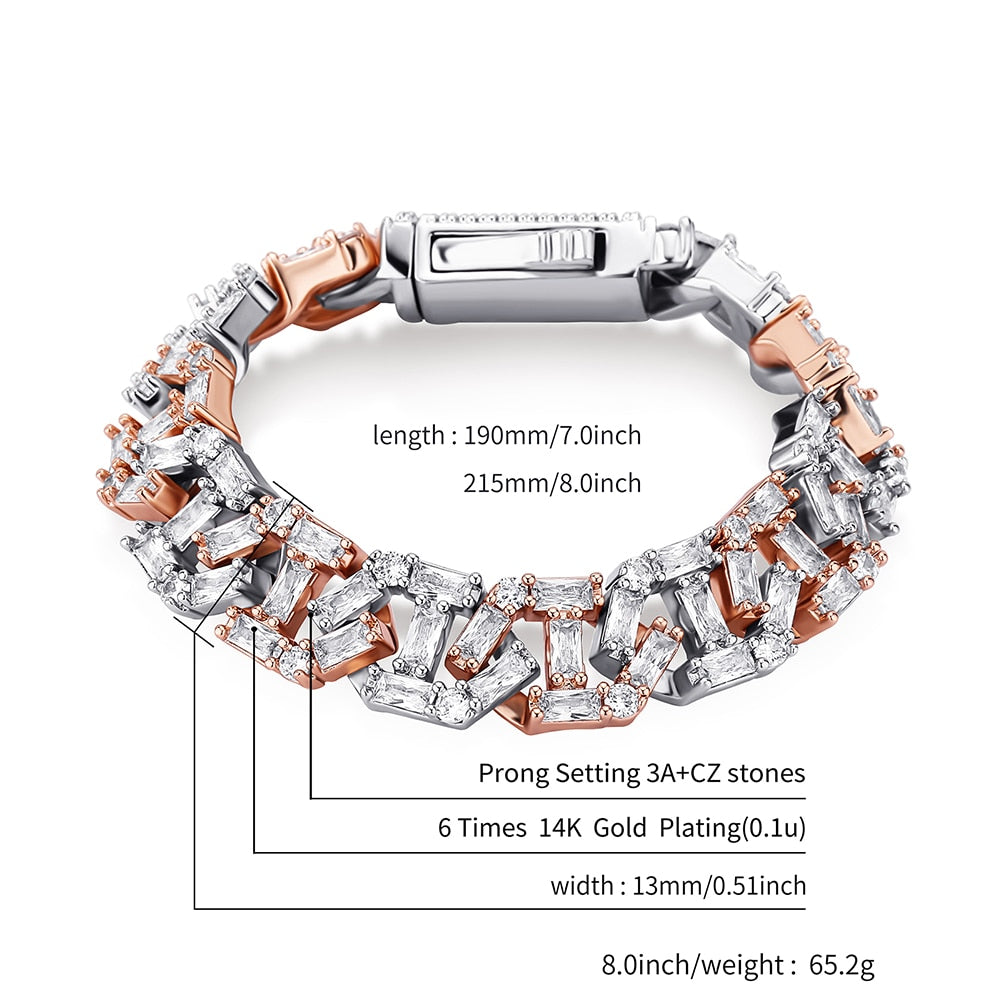 Unisex 12mm Baguette Chain Link Bracelet