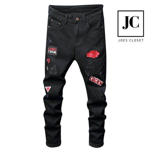 Men's "Anarchy" Embroidered & Distressed Denim Jeans