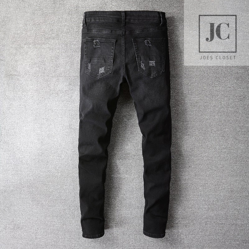 Men's Black Paisley Distressed Patchwork Denim Jeans
