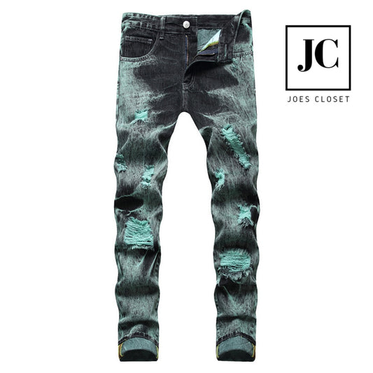 Men's Black/Mint Green Acid Wash & Distressed Denim Jeans