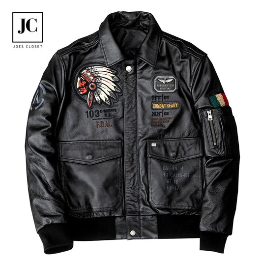 Men's "Chief" Embroidered Genuine Leather Motorcycle Jacket
