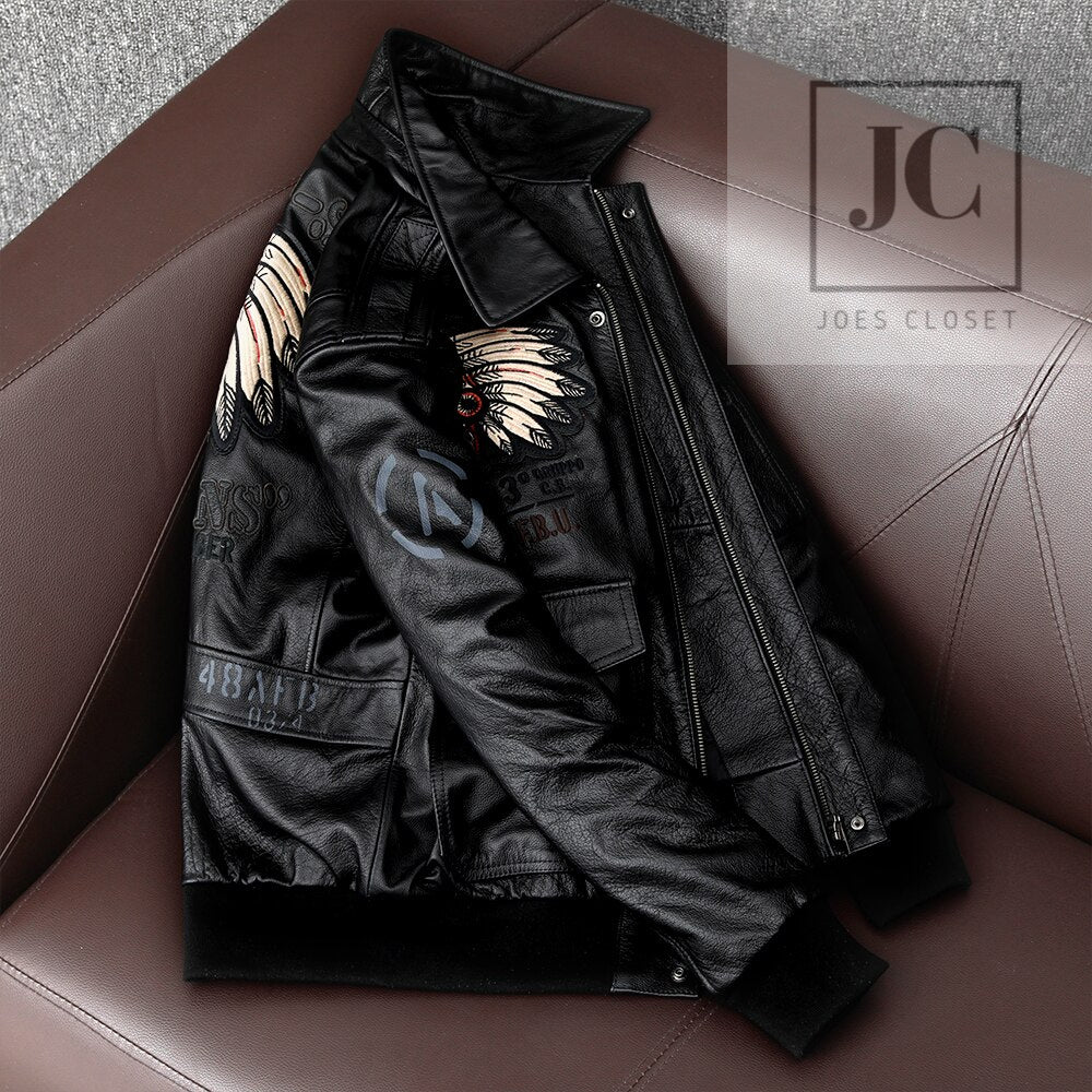 Men's "Chief" Embroidered Genuine Leather Motorcycle Jacket