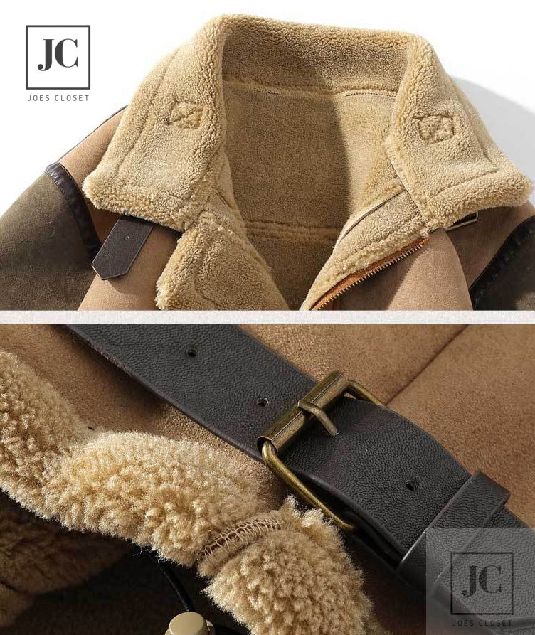 Patchwork Leather Shearling Coat (Close Up)