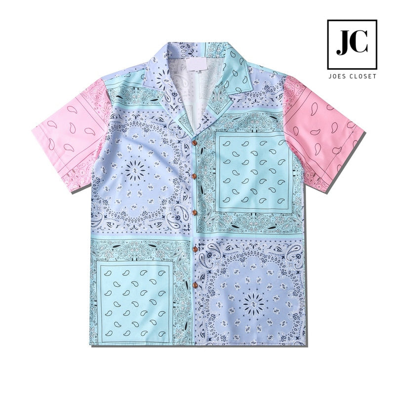 Pink & Baby Blue Paisley Patchwork Button Down (Front)