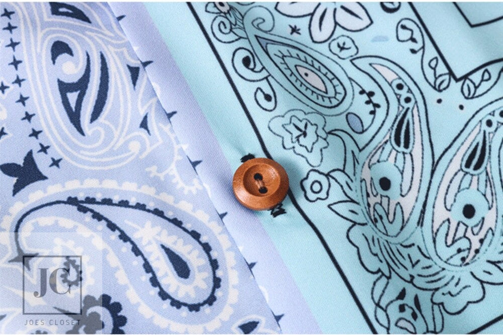 Pink & Baby Blue Paisley Patchwork Button Down (Close Up)